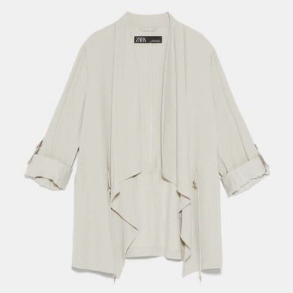 Beautiful EUC Zara Open Front Drawstring Waterfall Blazer Jacket in Beige, Small - Picture 5 of 11